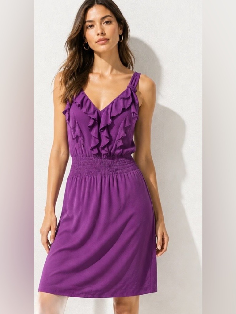 REBECCA TAYLOR Dress Anthropologie Silk Slip Ruffle Smocked Purple Sleeveless